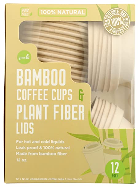Greenlid 12 Oz Bamboo Cups & Lids, Case of 10 x 12 Ct