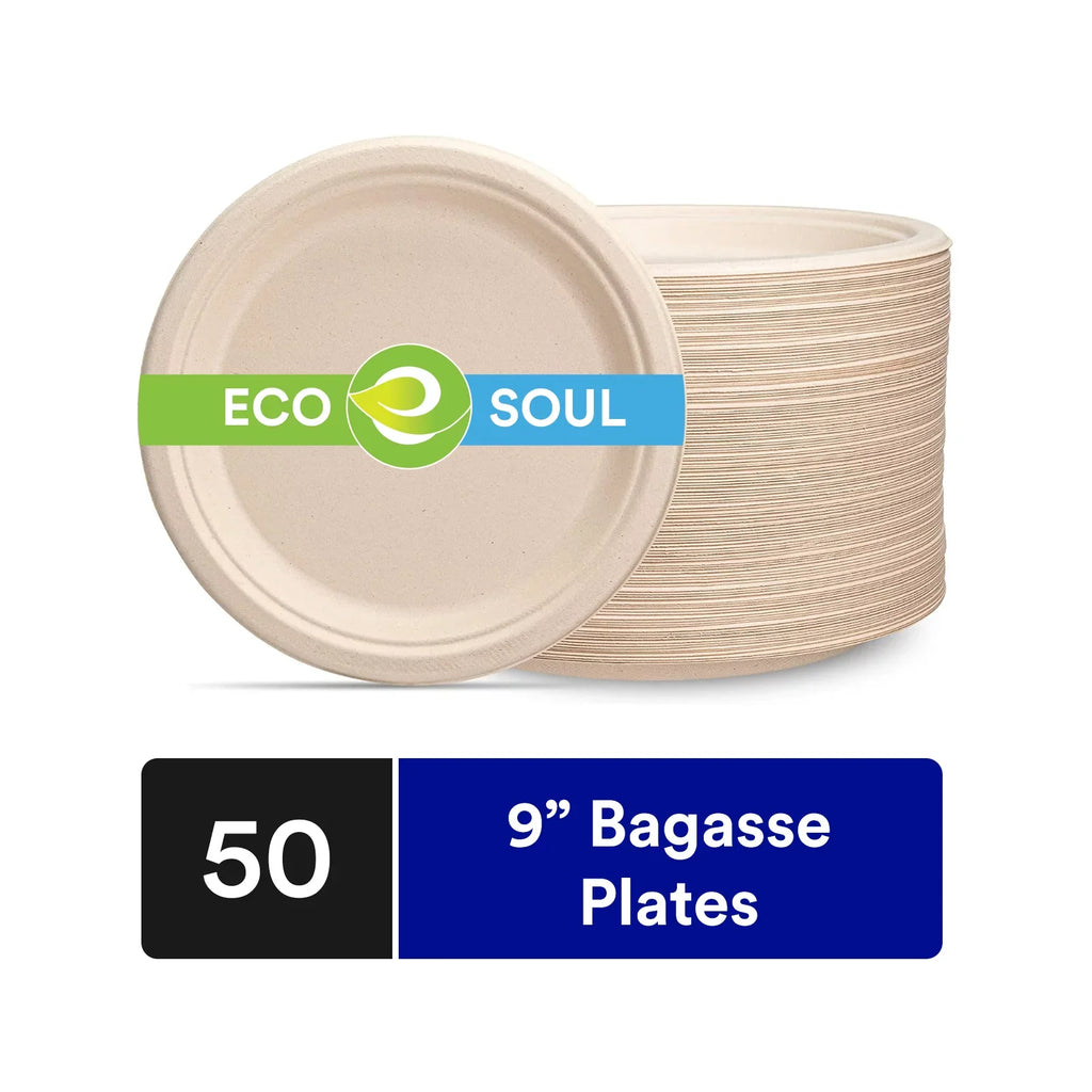 Ecosoul 9" Bagasse Round Plate, Case of 8 (50 Ct)