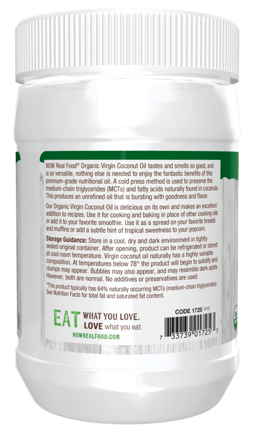 Now Organic Virgin Coconut Oil, Cold Pressed and Unrefined, 100% Pure
