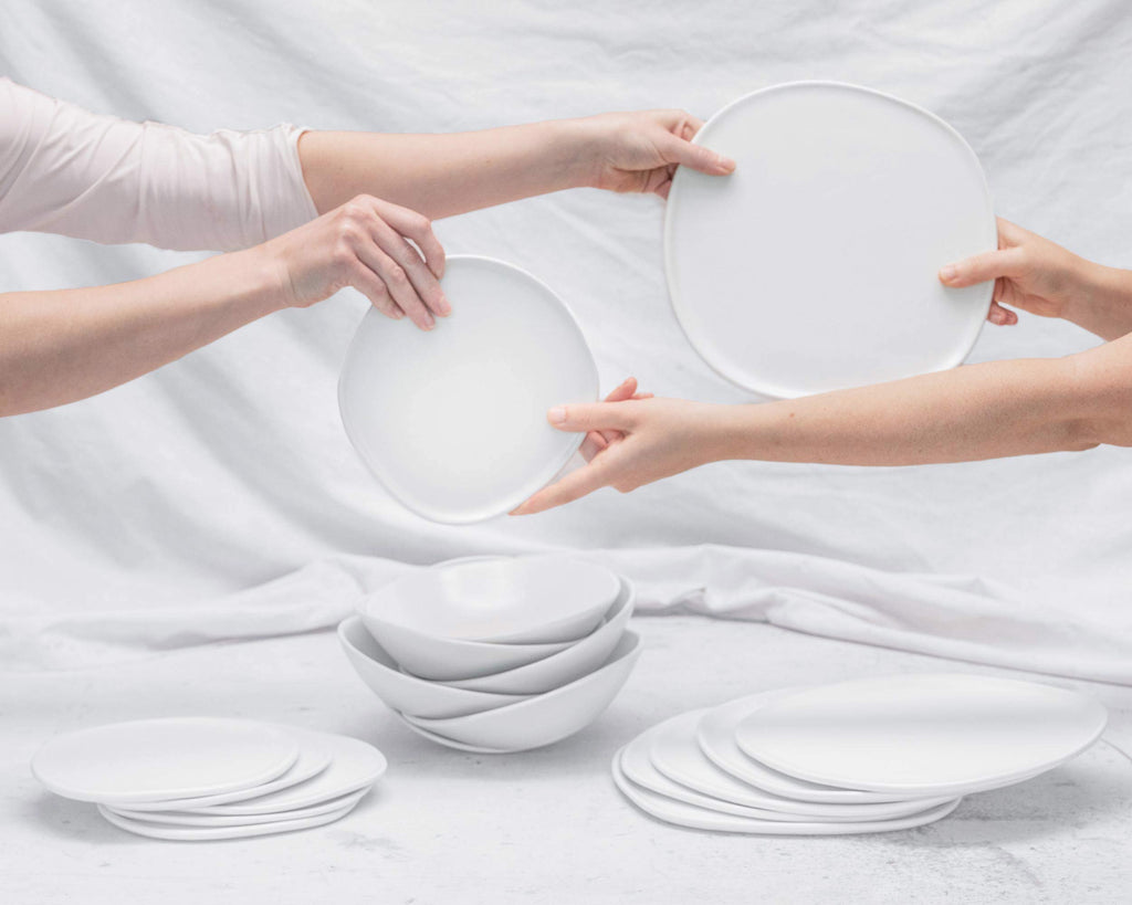Haand 4 Piece Ripple Dinner Setting, Handmade, Lead-free, glazed white porcelain